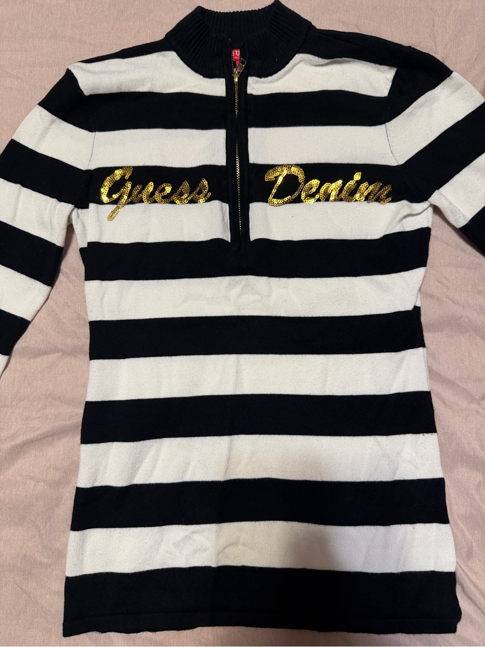 Guess Black & White Striped Half-Zip Sweater with Gold Script